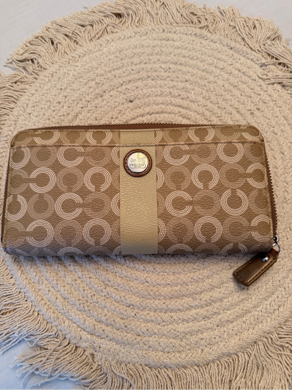 Coach Zip-Around Wallet in Signature Khaki with Cream Stripe